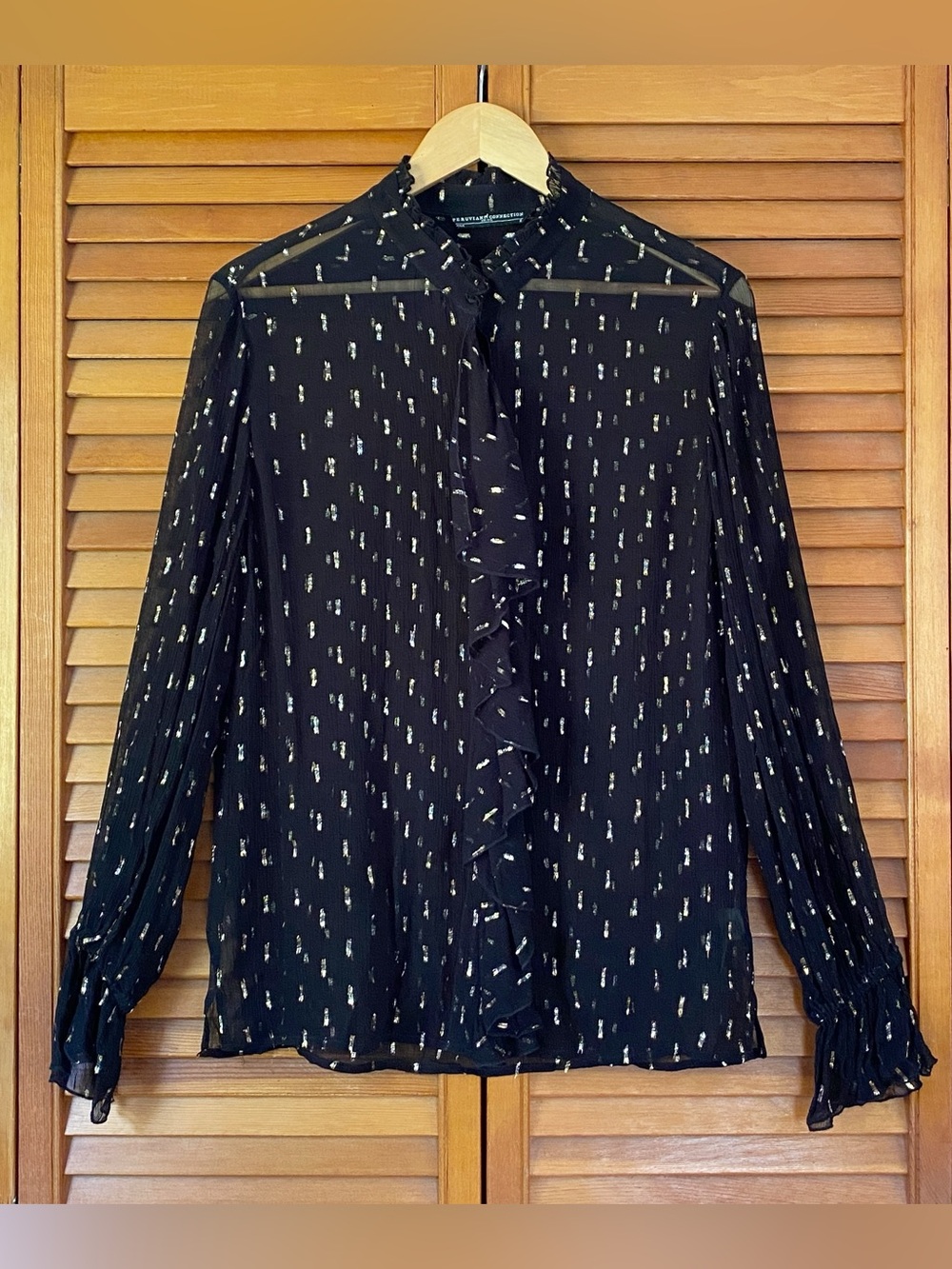 Peruvian Connection Top Women's Size Small Black Gold Sheer Button Up Ruffle